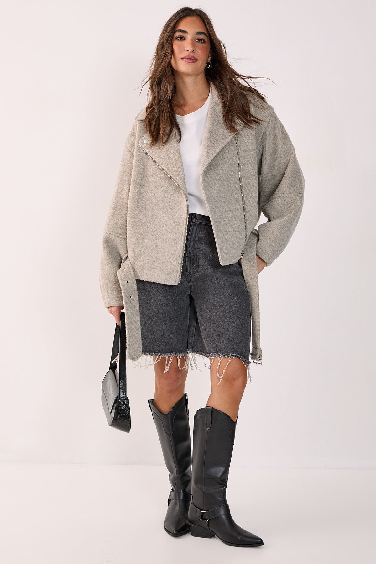NastyGal Oversized Brushed Belted Biker Jacket Mink image 2