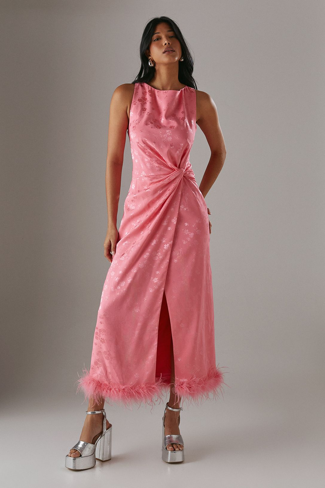 Warehouse Satin Jacquard Feather Twist Front Cowl Back Midi Dress Pink image 1