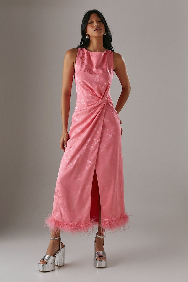 Warehouse Satin Jacquard Feather Twist Front Cowl Back Midi Dress Pink