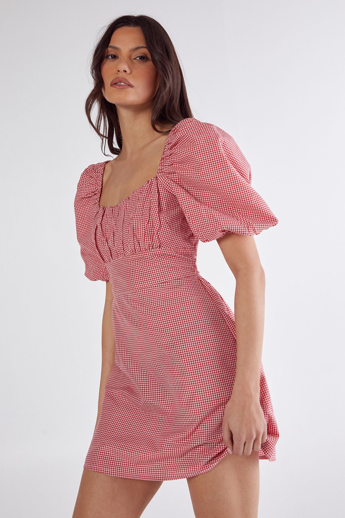 NastyGal Gingham Puff Sleeve Tie Back Mini Dress Red image 2