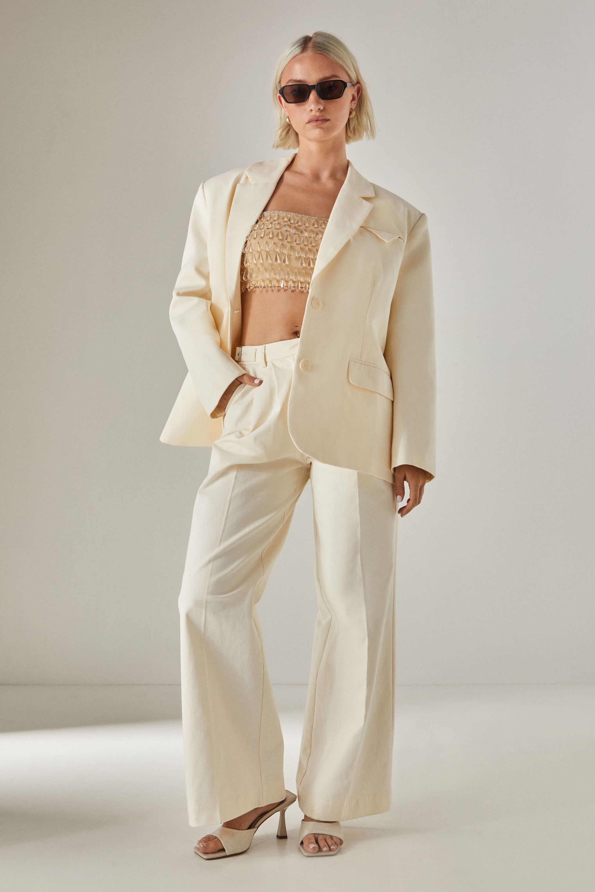 NastyGal Peached Cotton Twill Buckle Tailored Pants Cream image 5