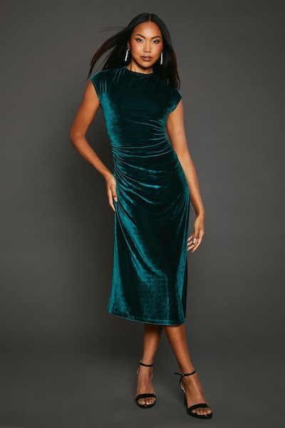 Principles Green Velvet Ruched Waist Midi Dress Green