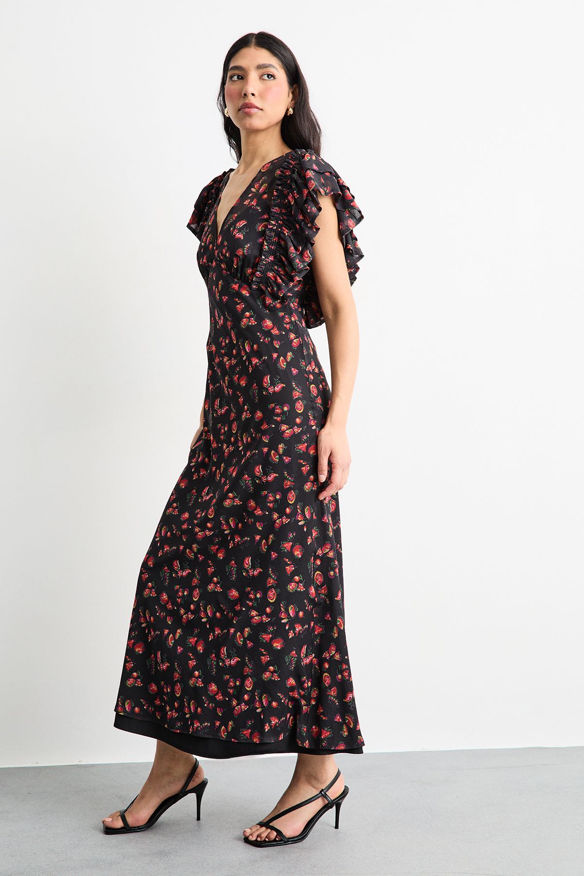 Warehouse Floral Print Ruffled Sleeve V Neck Maxi Dress Black image 4