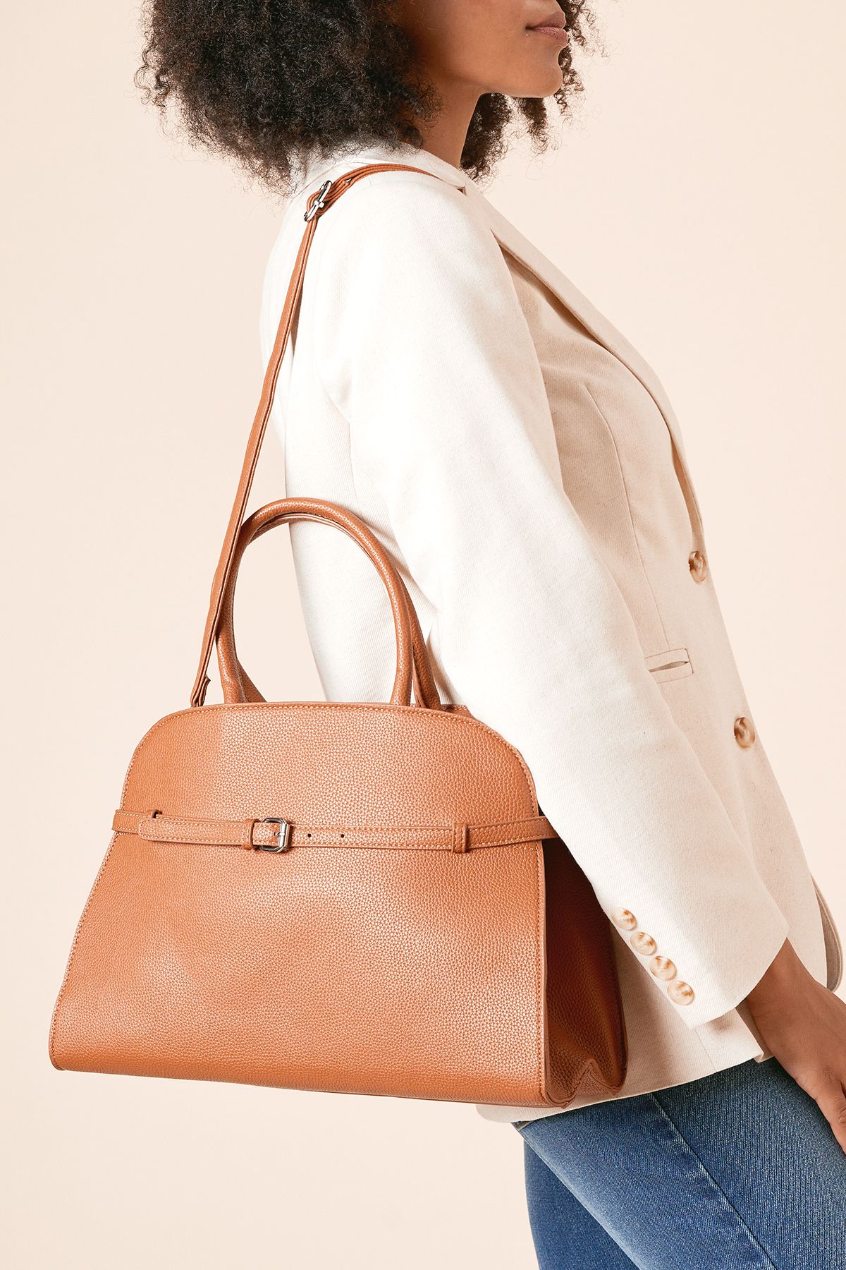 Dorothy Perkins York Large Bowler Bag With Buckle Detail And Crossbody Strap Tan image 2