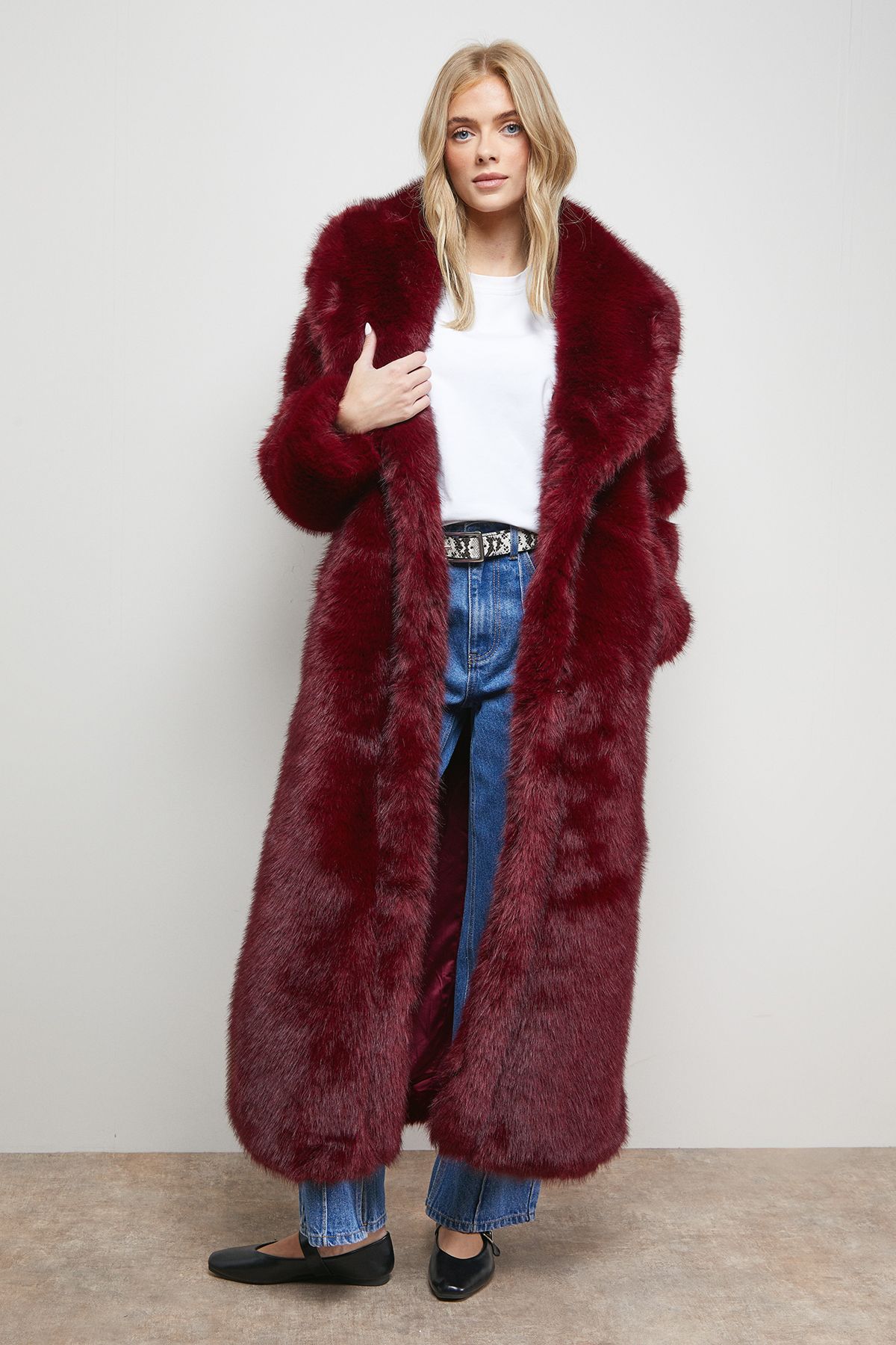 Oasis Maxi Faux Fur Plush Coat Burgundy