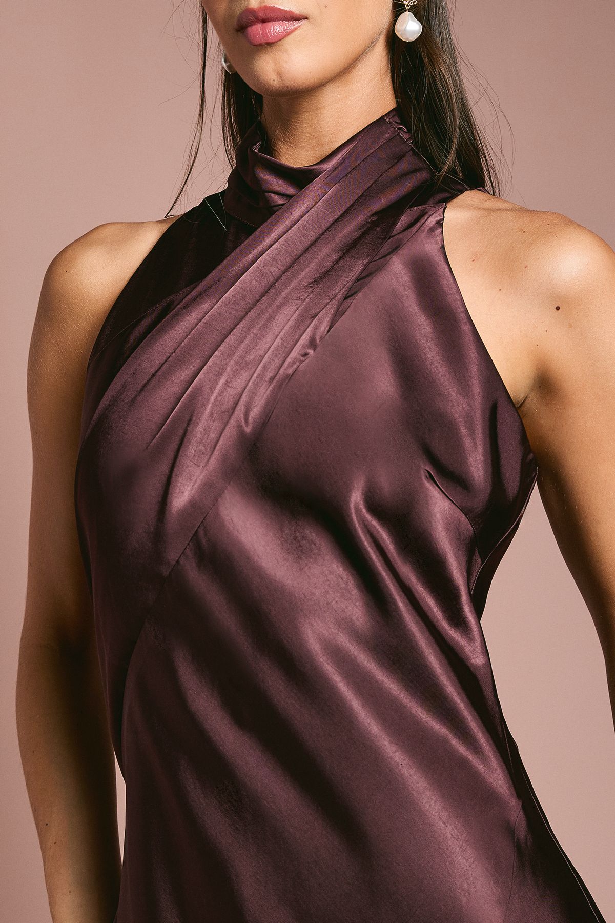 Coast Satin Bias Cut High Neck Fishtail Bridesmaid Maxi Dress Espresso image 5