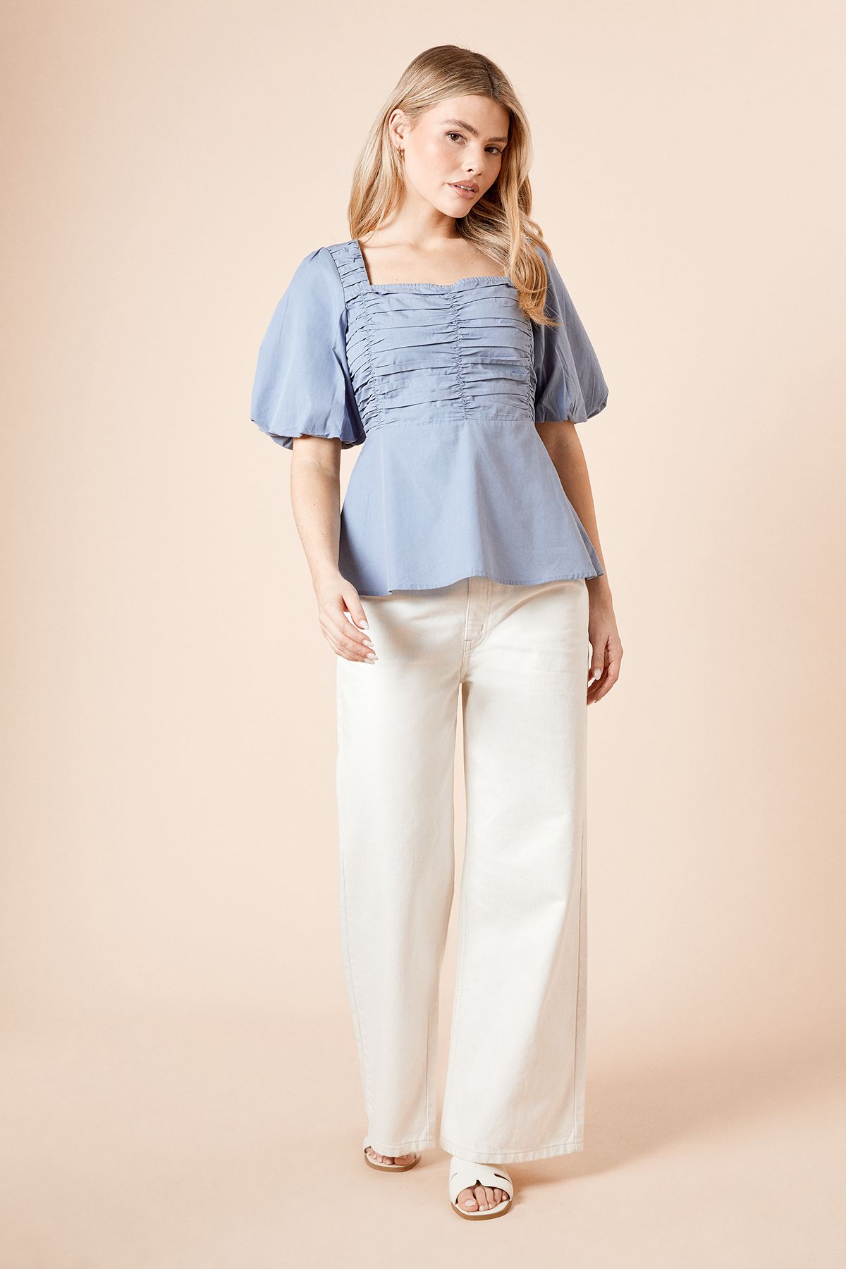 Dorothy Perkins Poplin Puff Sleeve Ruched Bodice Blouse Blue