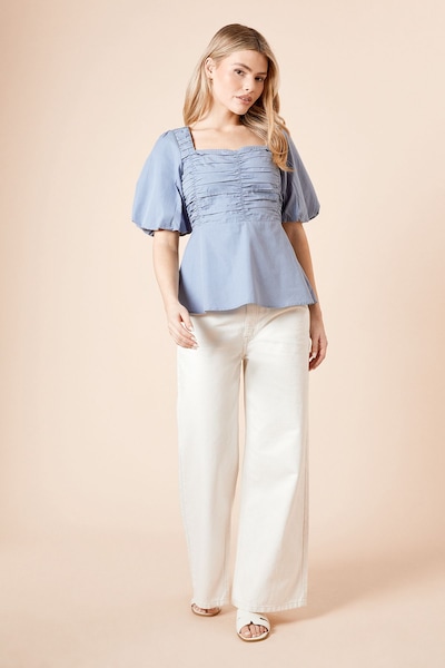 Dorothy Perkins Poplin Puff Sleeve Ruched Bodice Blouse Blue