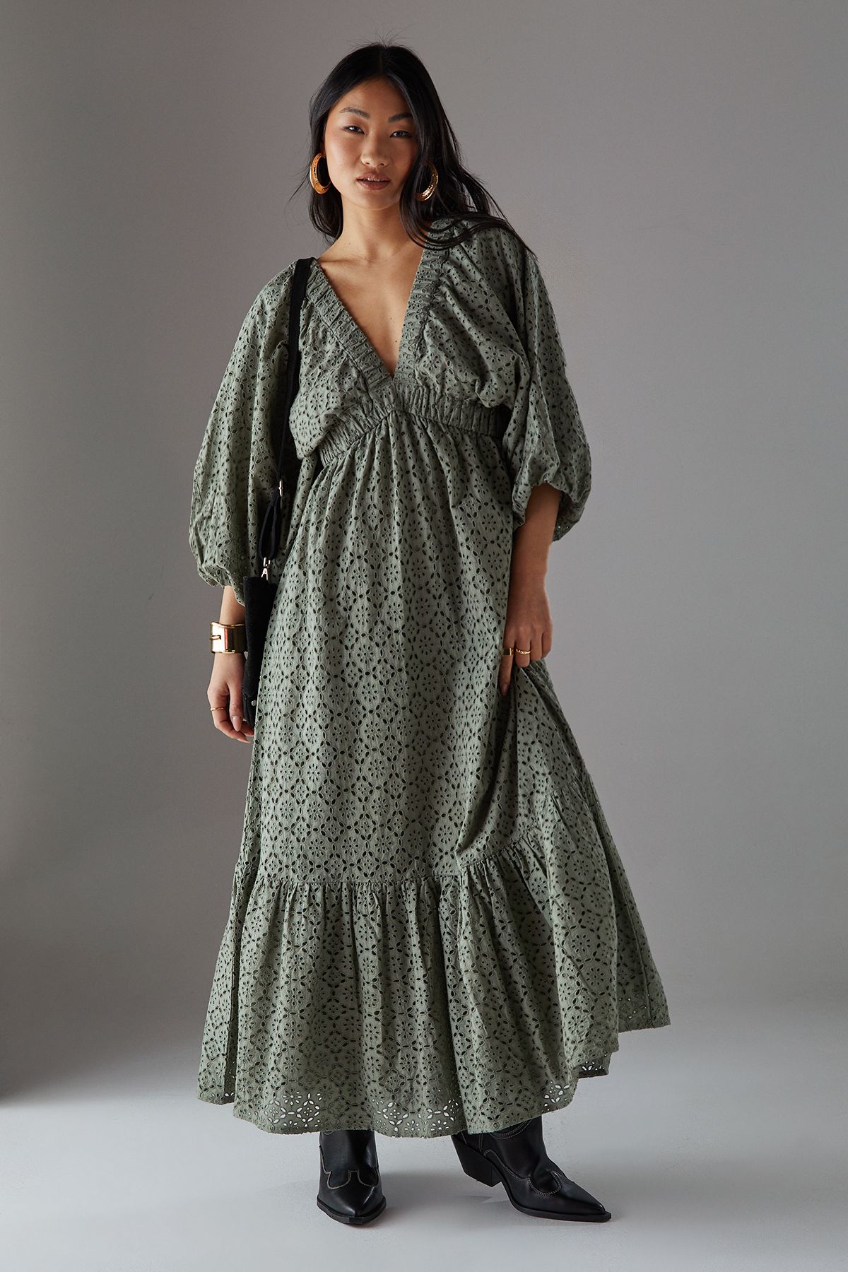 Warehouse Petite Broderie Plunge Neck Volume Sleeve Smock Midi Dress Khaki image 1