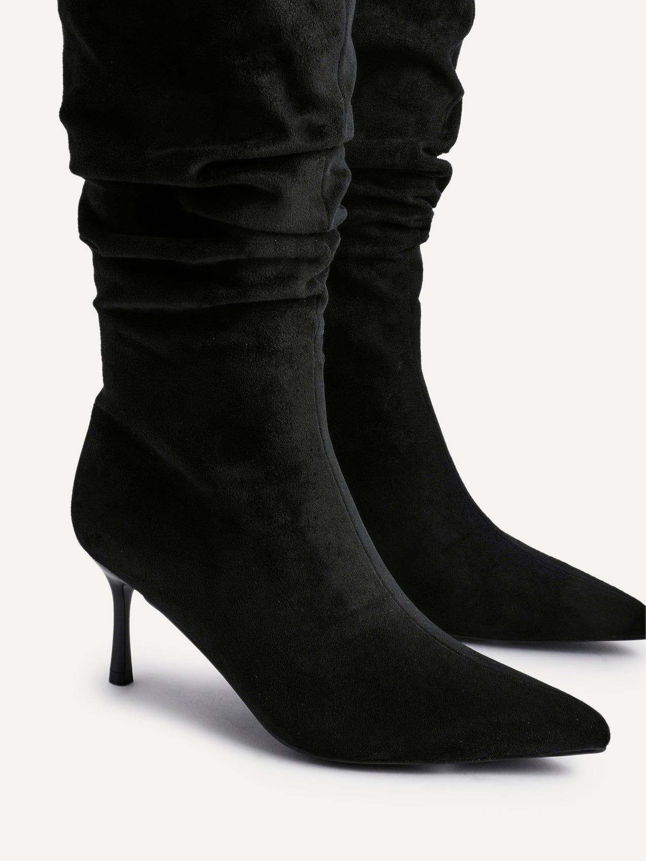 Linzi Rosenna Black Faux Suede Ruched High Leg Heeled Boot image 4