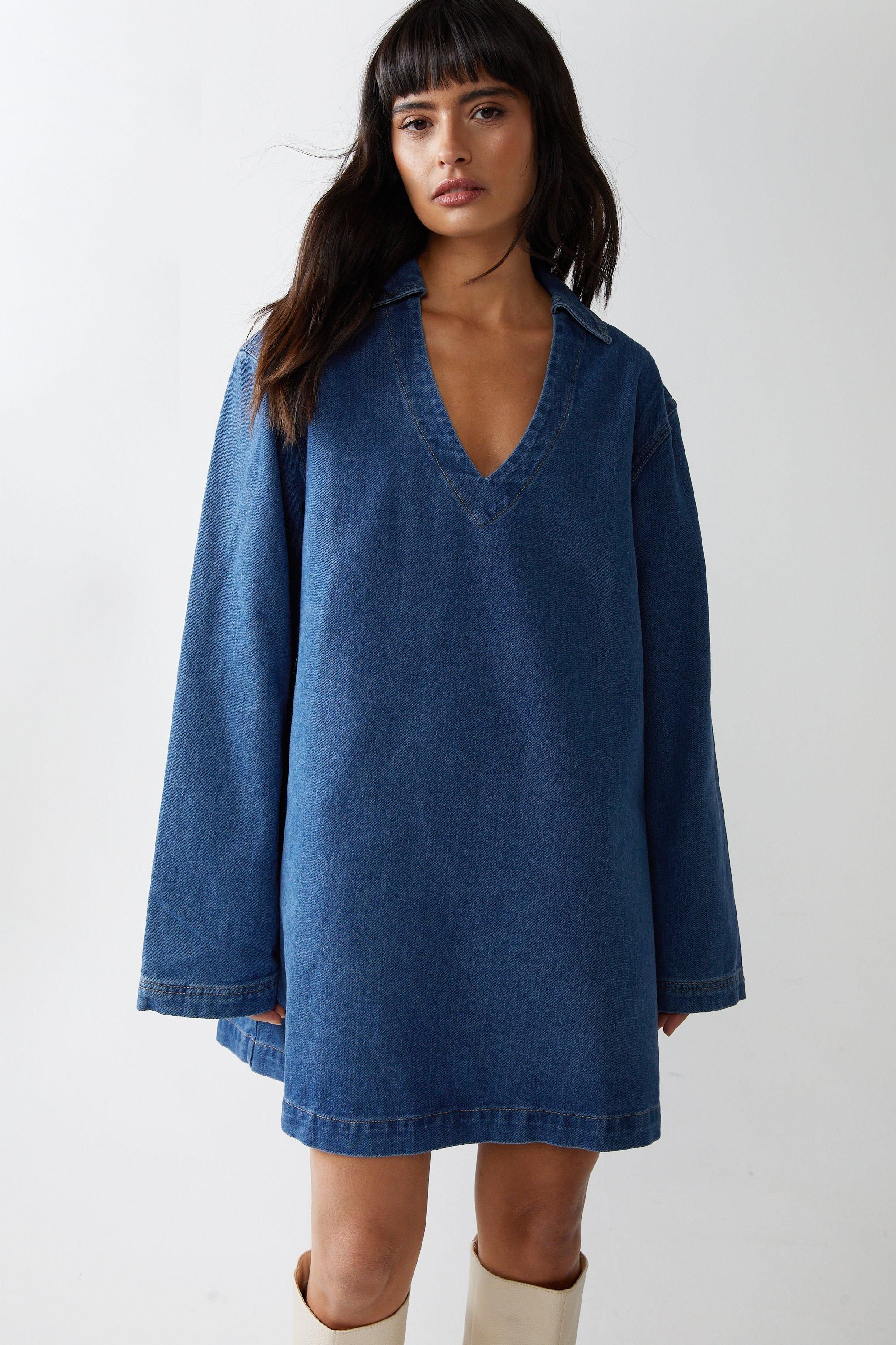 Warehouse Long Sleeve Denim Smock Dress Blue image 1