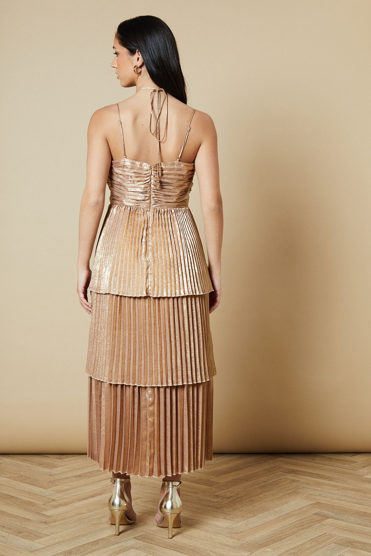 Oasis Metallic Satin Tie Neck Mini Dress Gold image 3