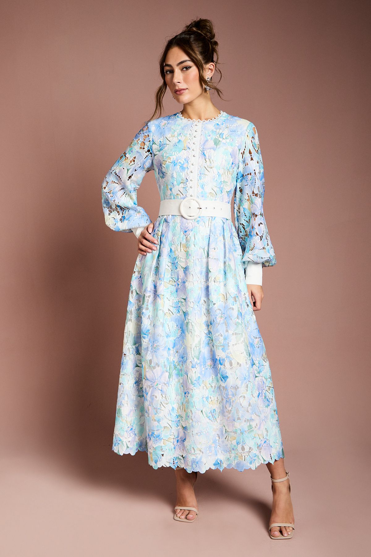 Coast Printed Lace Blouson Sleeve Belted Midi Dress Light Blue image 1