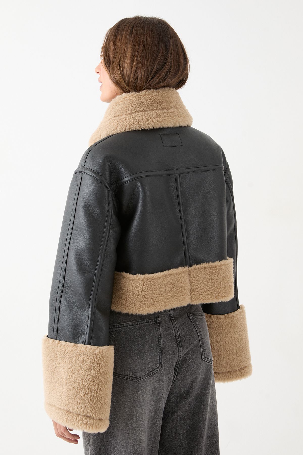 MissPap PU Fur Trim Aviator Jacket Black image 3