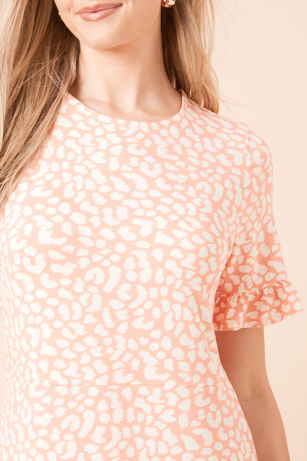 Dorothy Perkins Coral Animal Short Sleeve Frill Hem Mini Dress Animal image 5