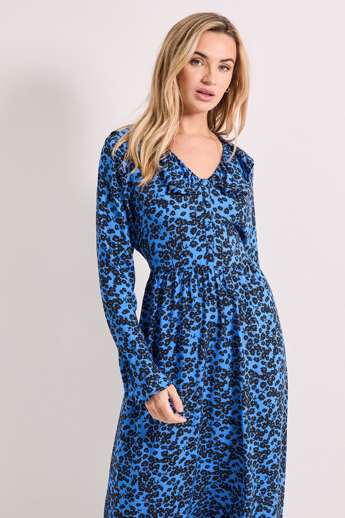 Dorothy Perkins Blue Floral Frill Neck Button Front Printed Midi Dress Blue image 2