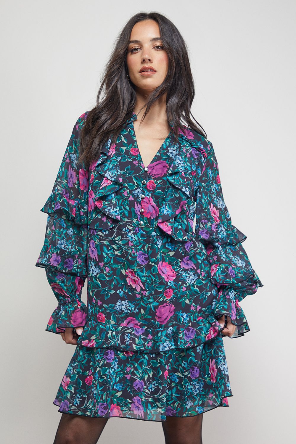 Oasis Printed Boho Ruffle Button Down Mini Dress Black image 4