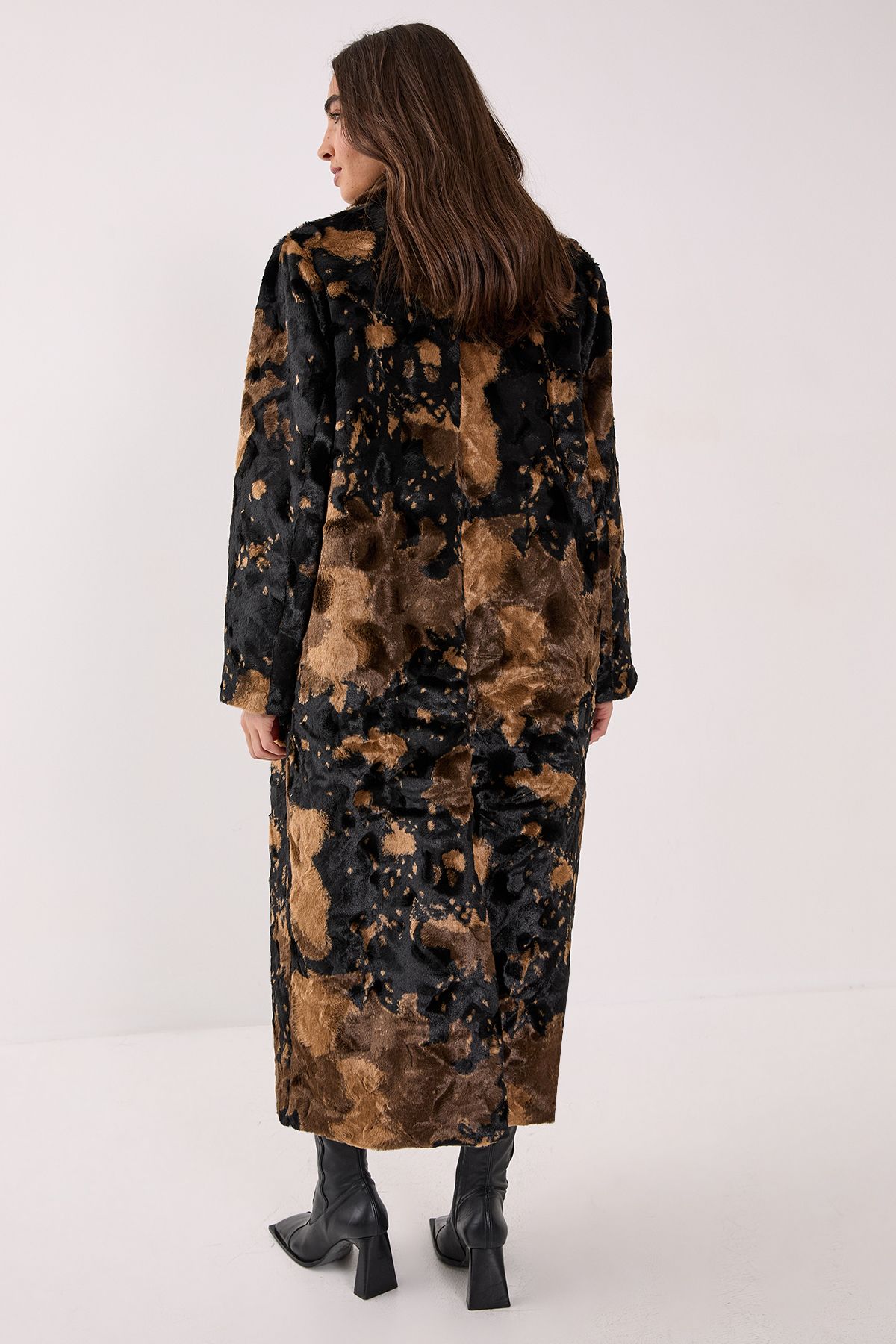 NastyGal Cow Print Faux Fur Longline Coat Brown image 4