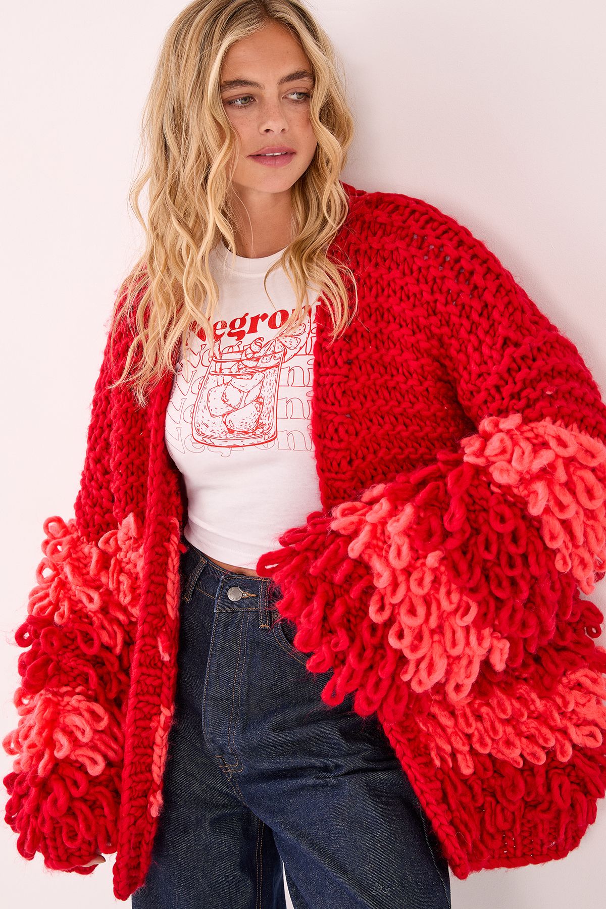 NastyGal Extreme Stripe Loopy Cardigan Red image 1