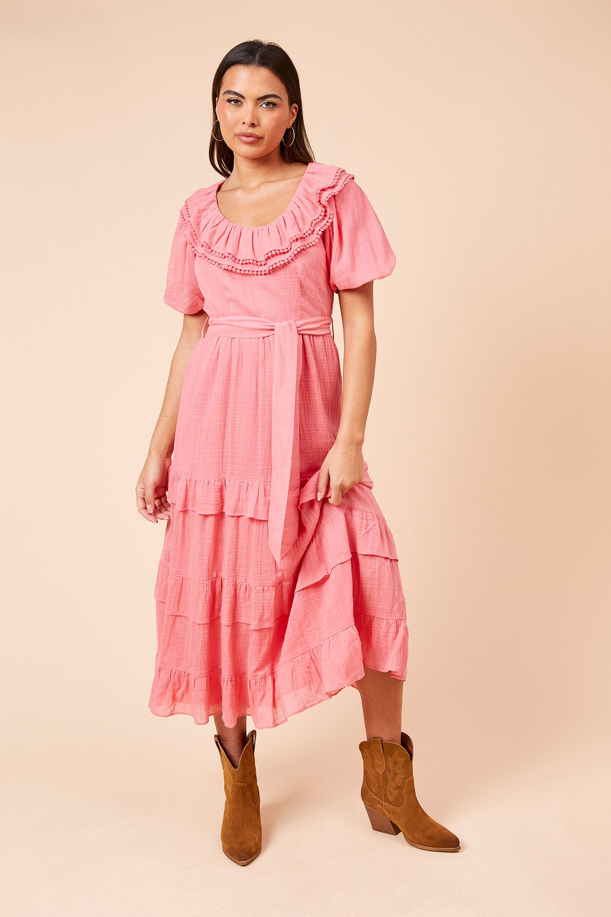 Dorothy Perkins Scoop Neck Ruffle Tiered Midi Dress Pink image 1