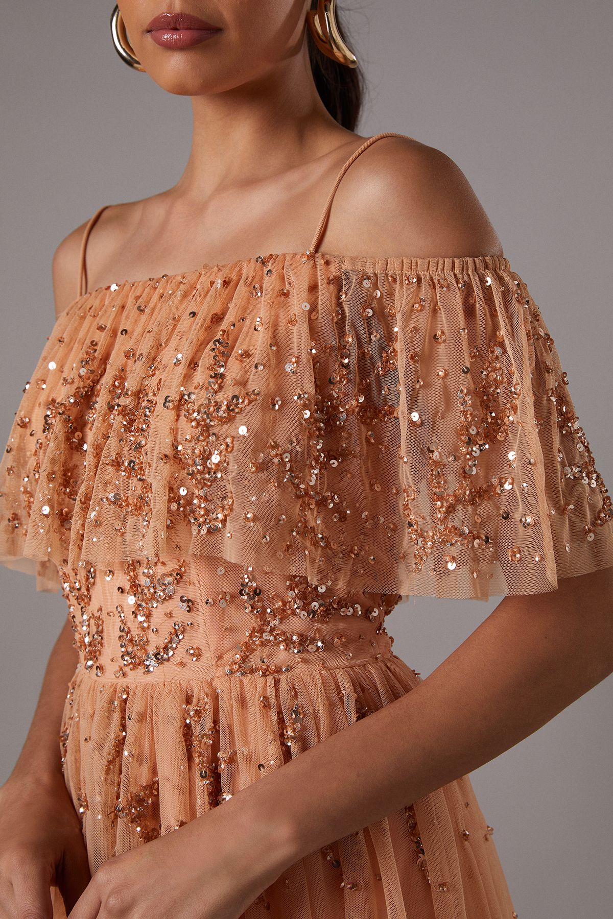 Coast Sequin Mesh Midi Dress With Flutter Sleeves Apricot image 5