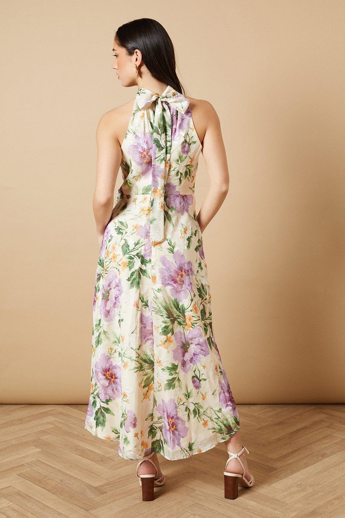 Oasis Floral Satin Burnout Halterneck Midi Dress Ivory image 3