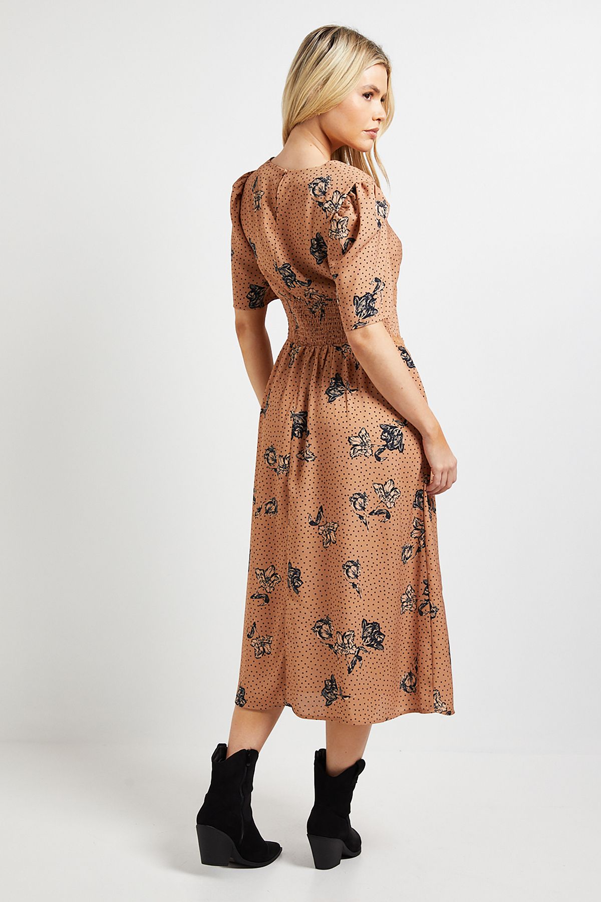 Dorothy Perkins Stone Floral Lace Detail Dropped Waist V Neck Printed Midi Dress Stone image 3
