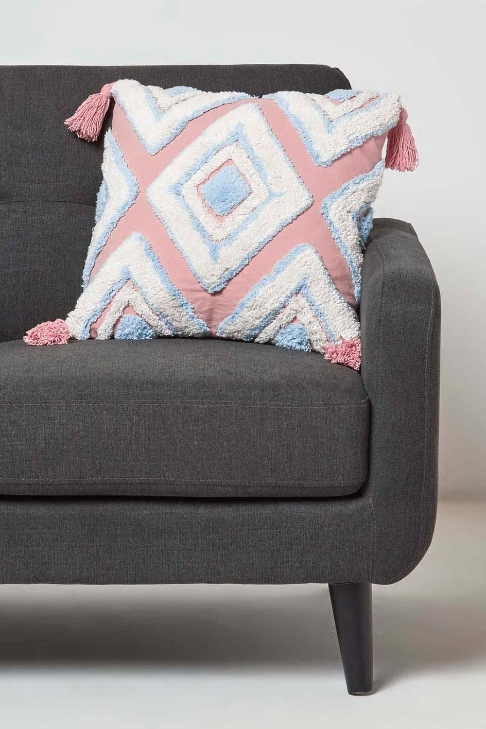 Homescapes Geometric Ikat Tufted Cotton Cushion with Tassels image 2
