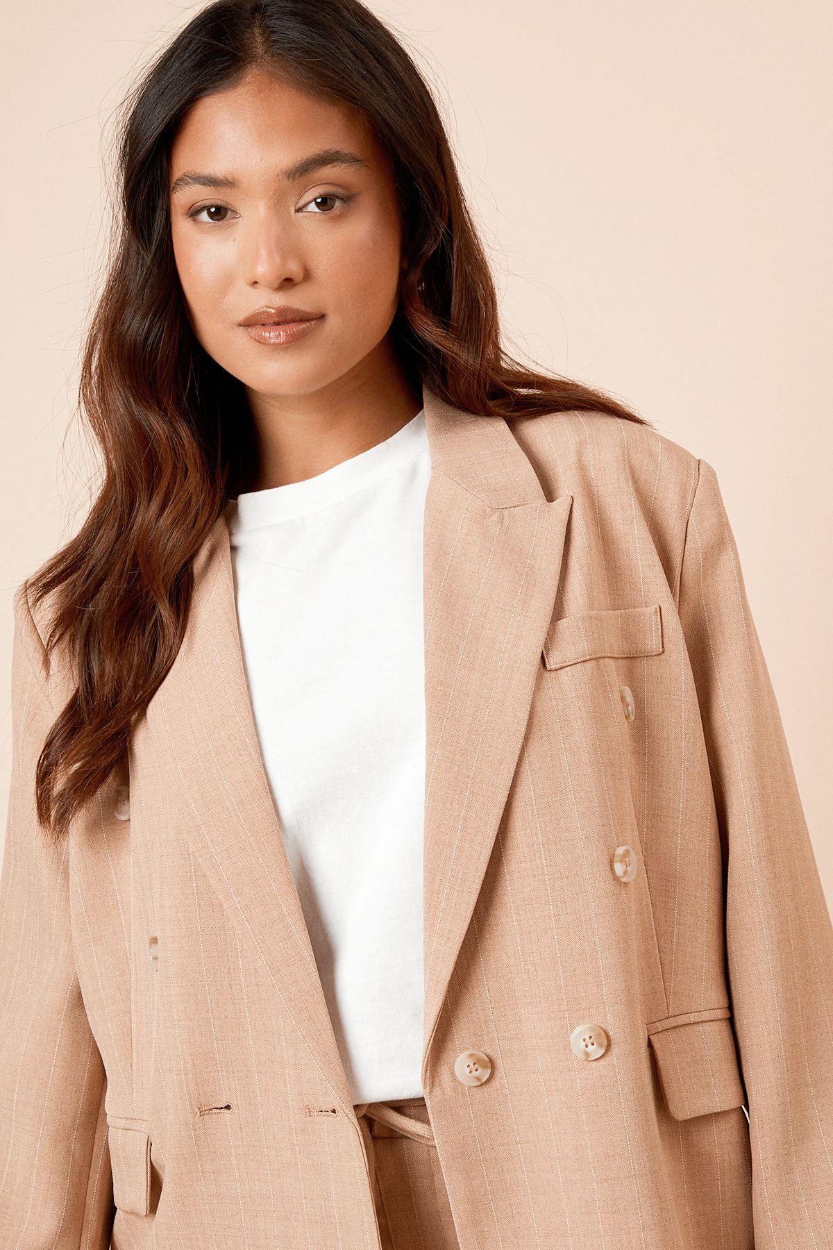 Dorothy Perkins Petite Oversized Double Breasted Stripe Blazer Camel image 5