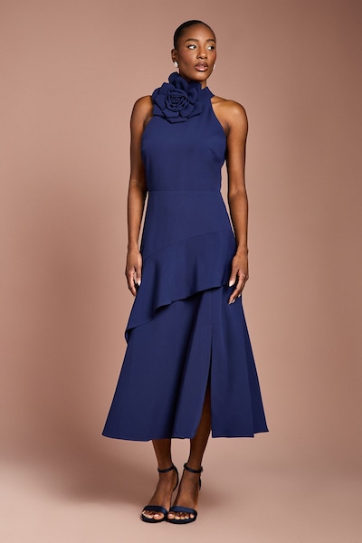 Coast High Neck Corsage Detail Midi Dress Navy