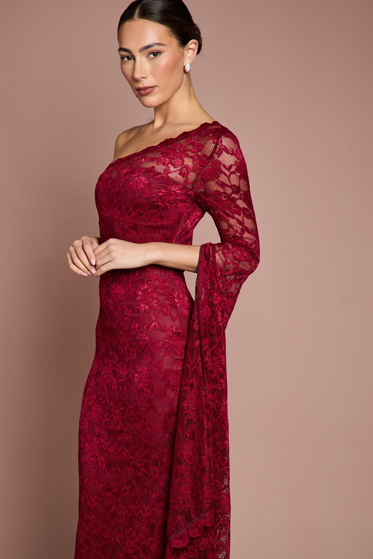 Coast One Shoulder Cap Detail Lace Maxi Dress Wine image 4