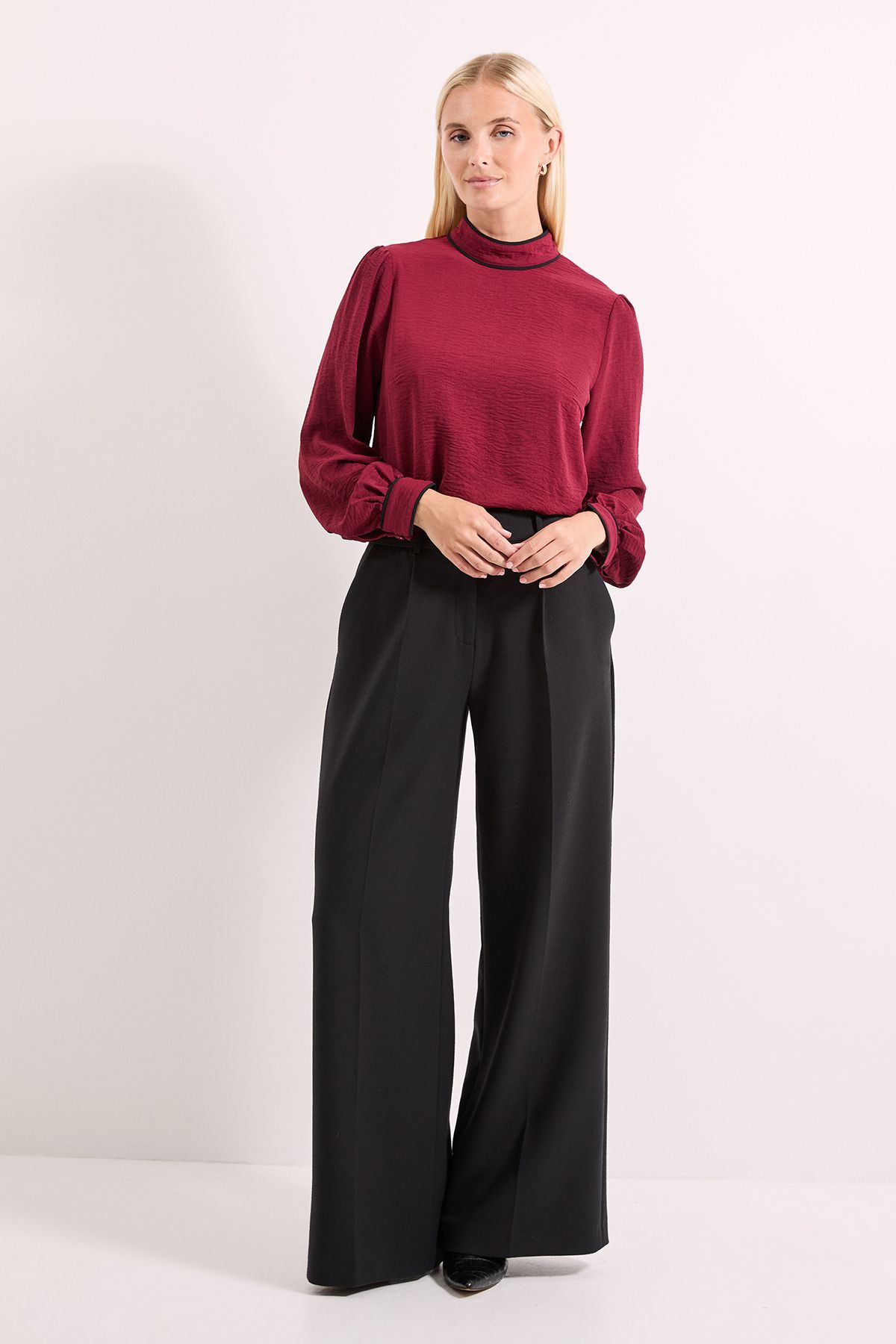 Principles Wine Piping Detail High Neck Blouson Sleeve Blouse Wine image 4