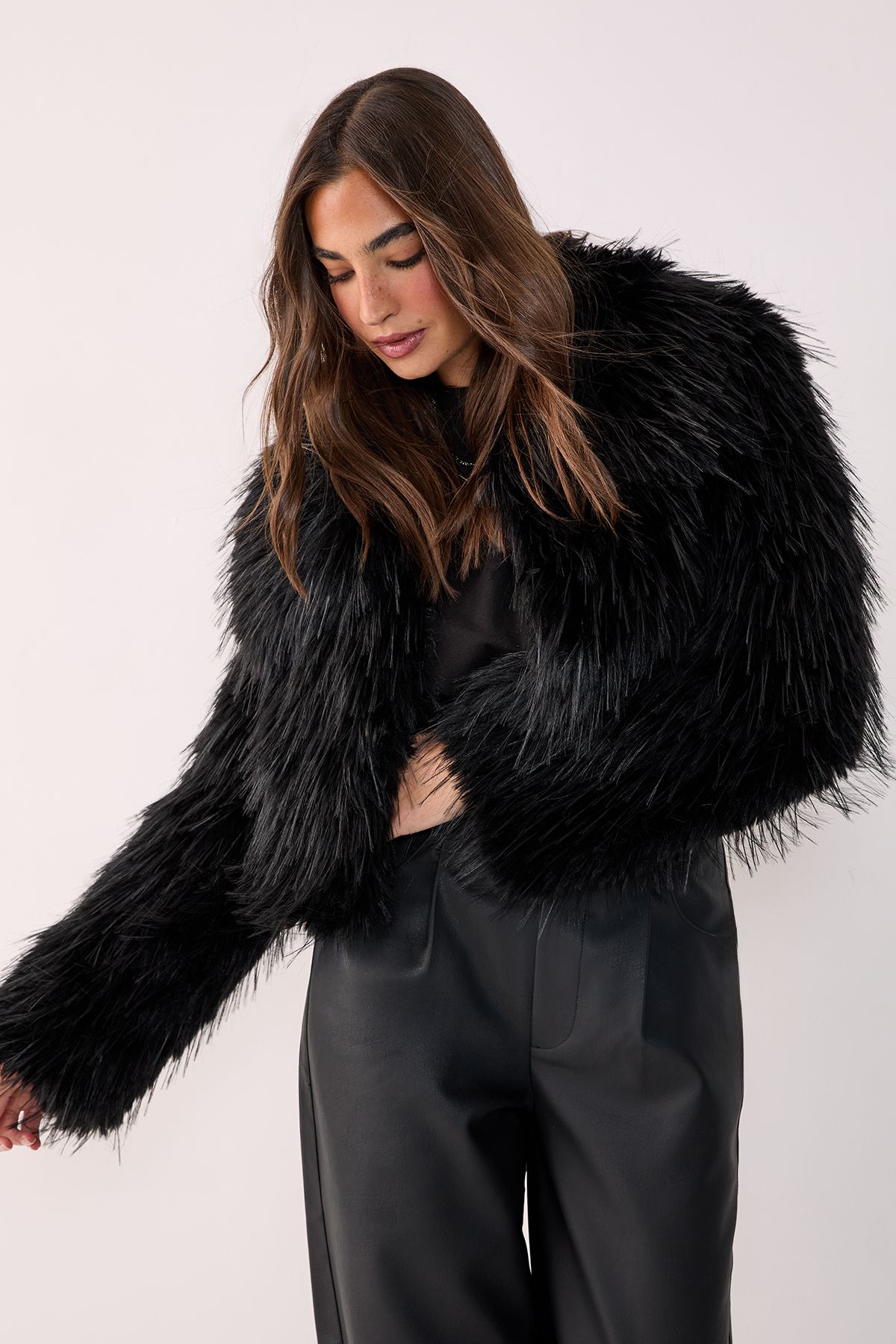 NastyGal Multi Faux Fur Cropped Coat Black image 4