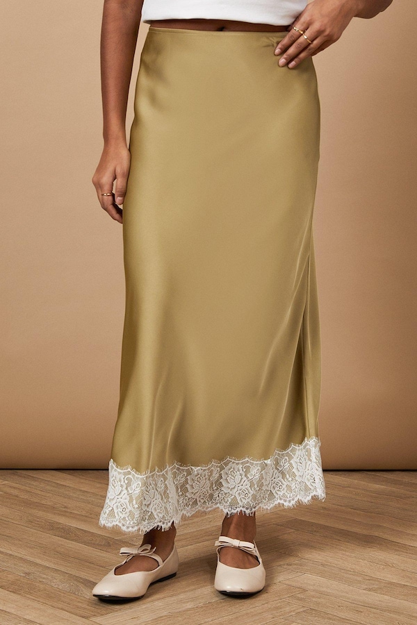 Oasis Satin Bias Cut Lace Hem Skirt Green