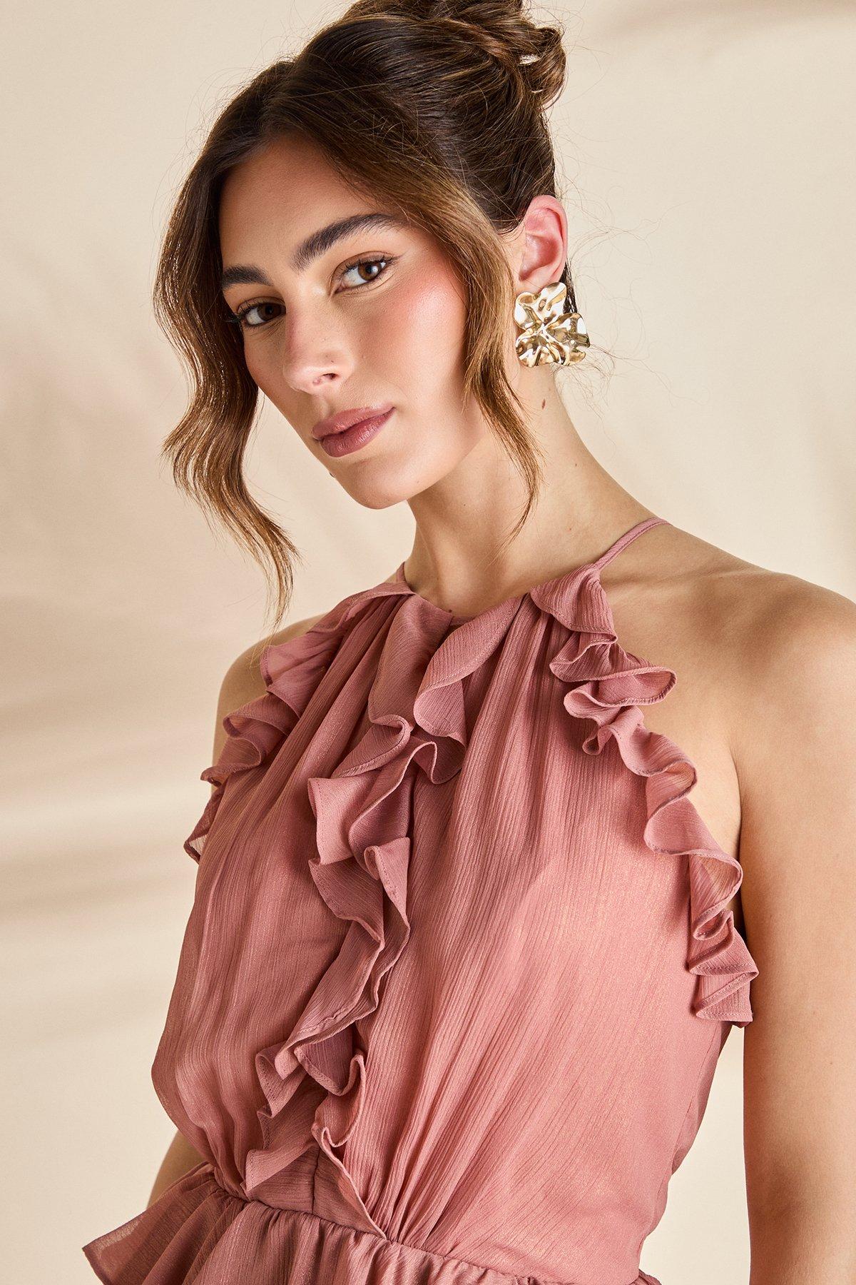 Coast Sleeveless Halter Pleat Skirt Maxi Holiday Dress Brown image 4