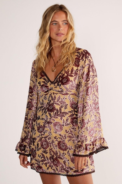 NastyGal (AZ) Vintage Floral Devore Lace Trim Ruffle Sleeve Mini Dress Beige