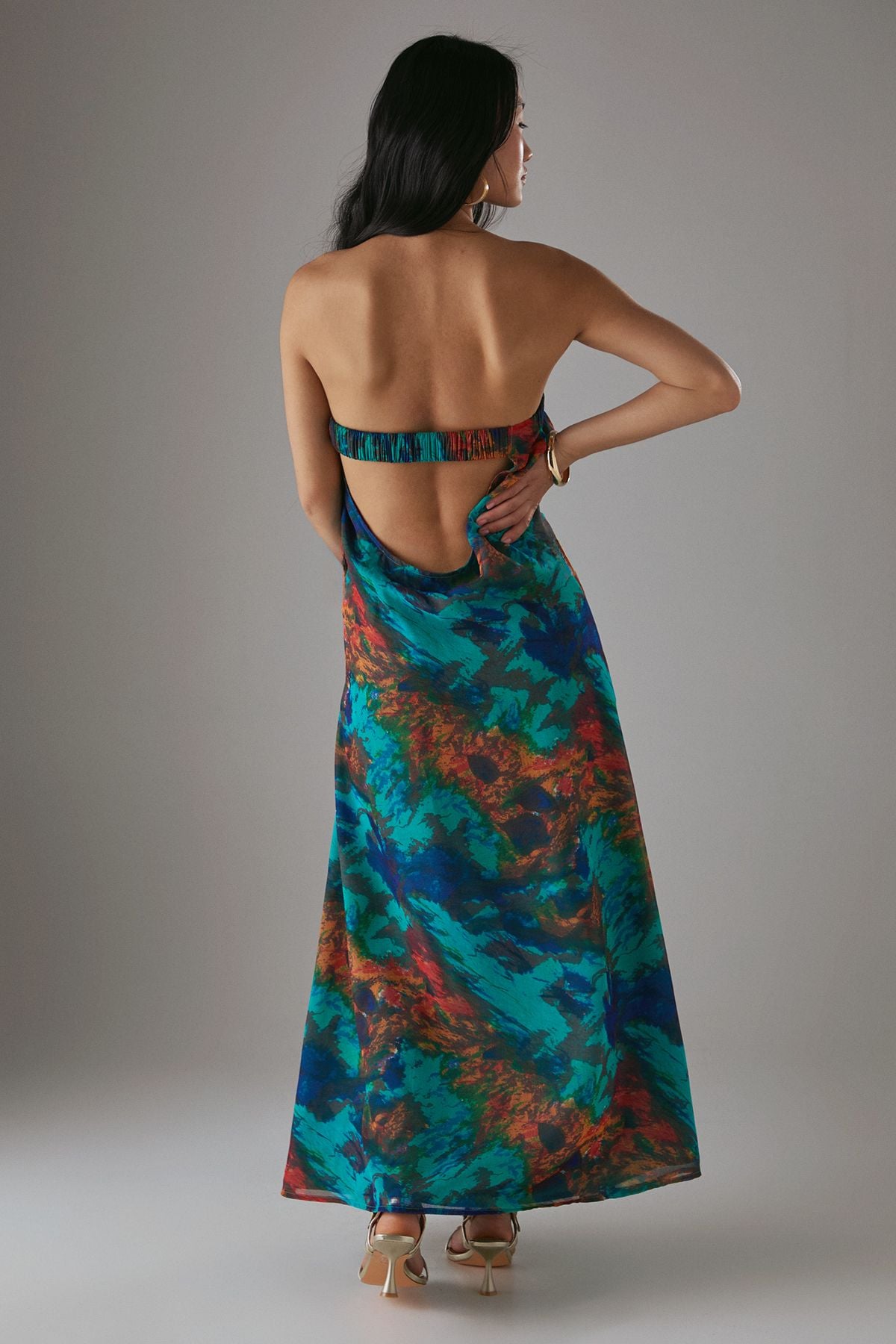 Warehouse Petite Chiffon Elasticated Back Bandeau Maxi Dress Blue image 3