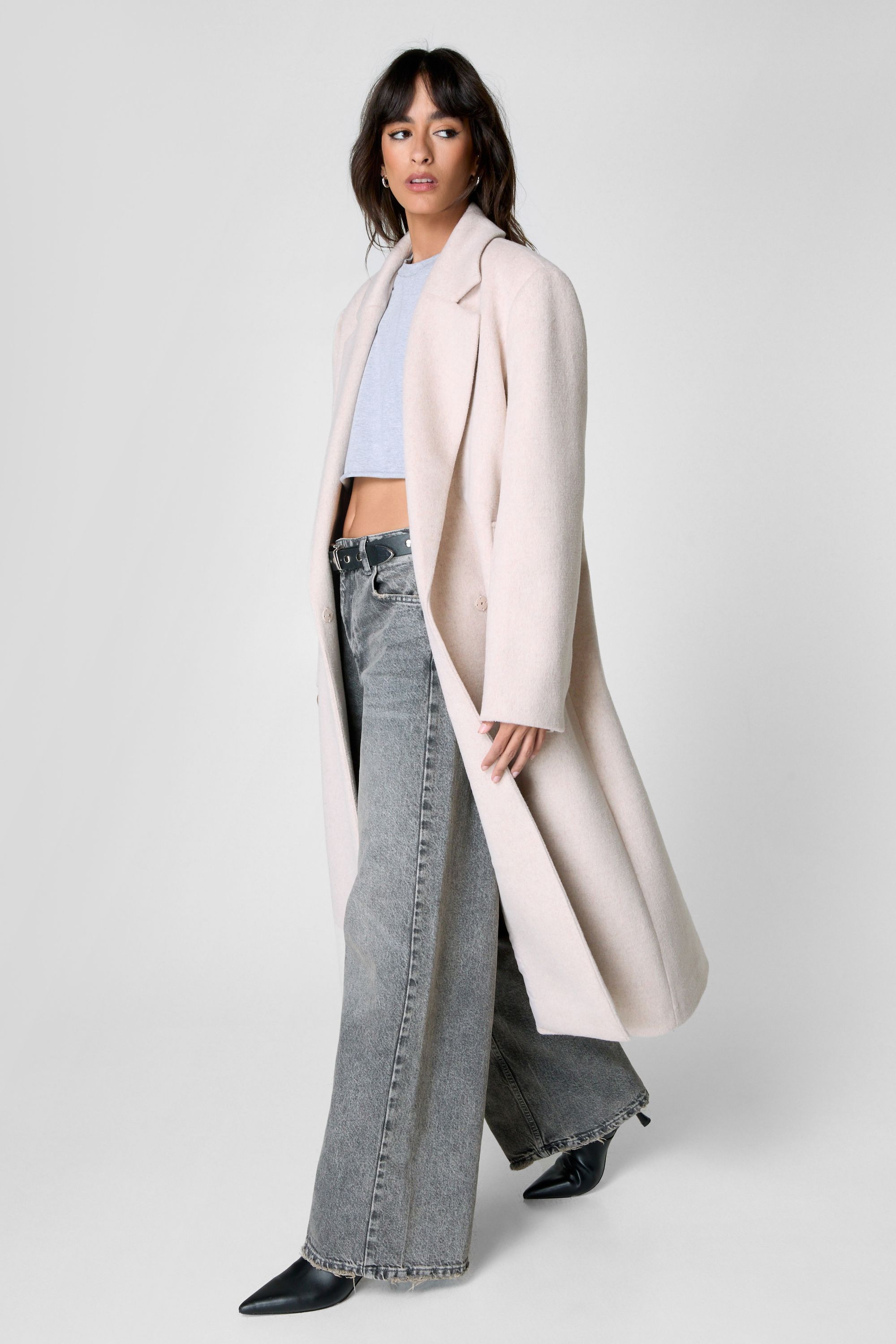 NastyGal Premium Wool Blend Double Breasted Coat Ecru image 3