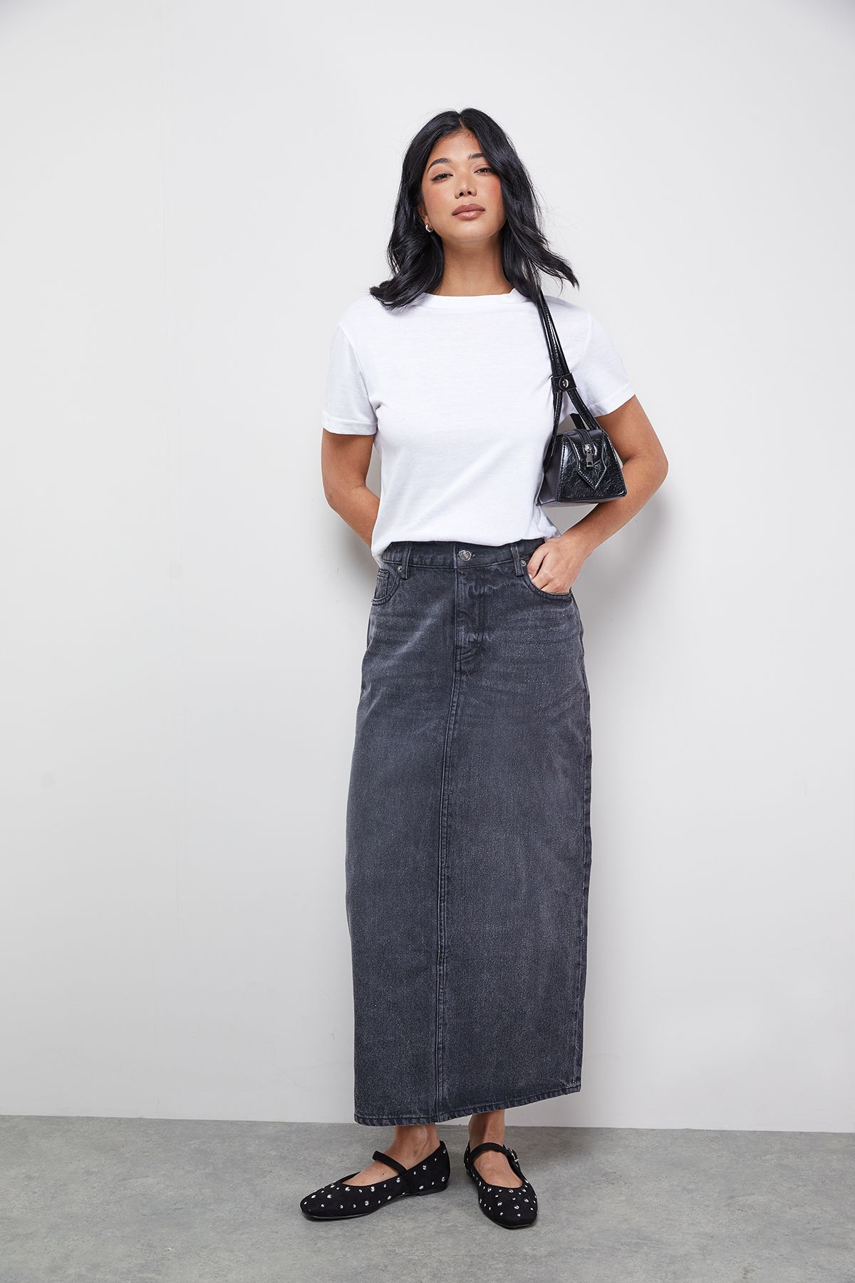 Warehouse Denim Mid Waist Midaxi Skirt Mid Grey
