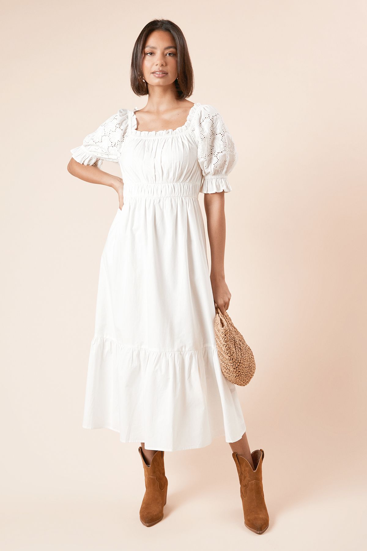 Dorothy Perkins Cut-work Sleeve Poplin Bardot Dress White image 1