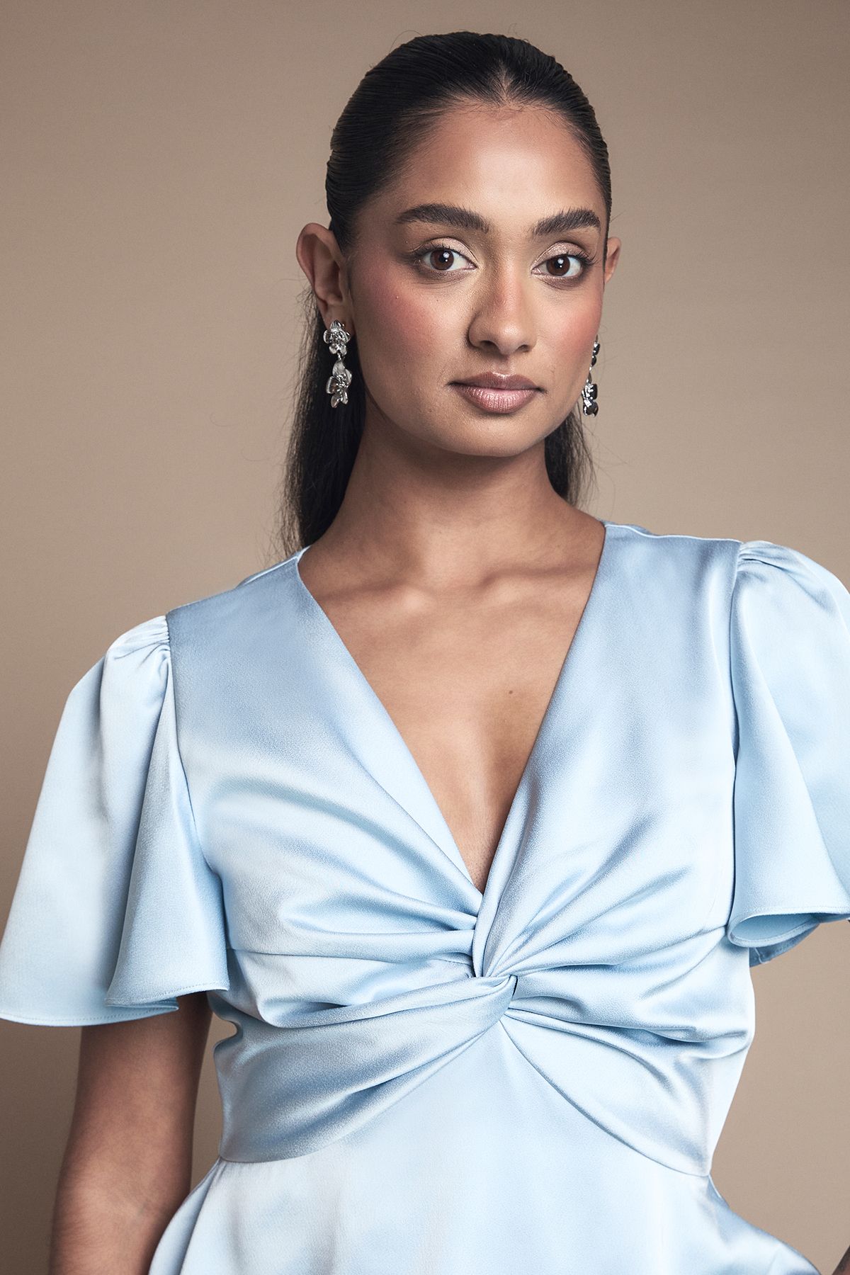 Oasis Satin Twist Front Tiered Bridesmaid Maxi Dress Light Blue image 4