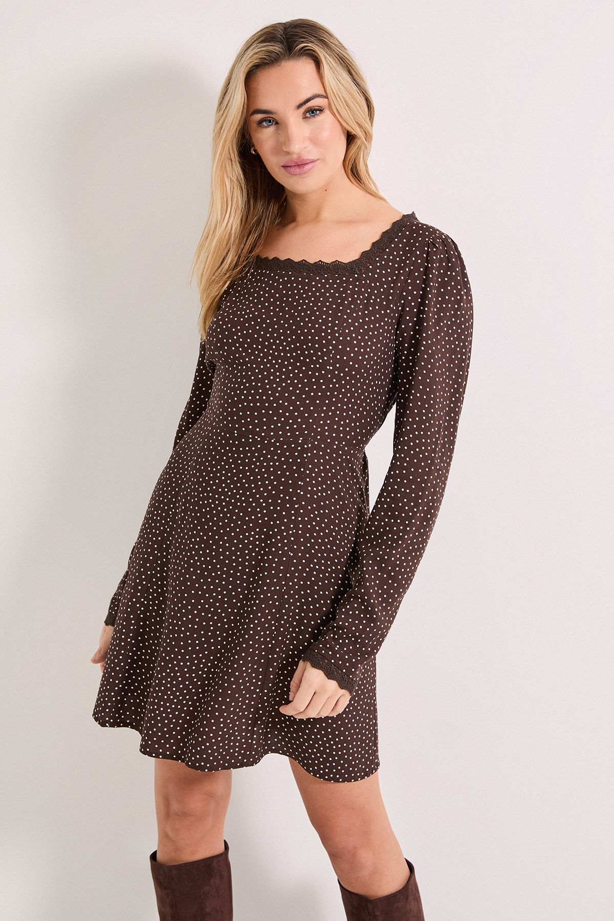 Dorothy Perkins Chocolate Pinspot Square Neck Lace Trim Mini Dress Chocolate image 1