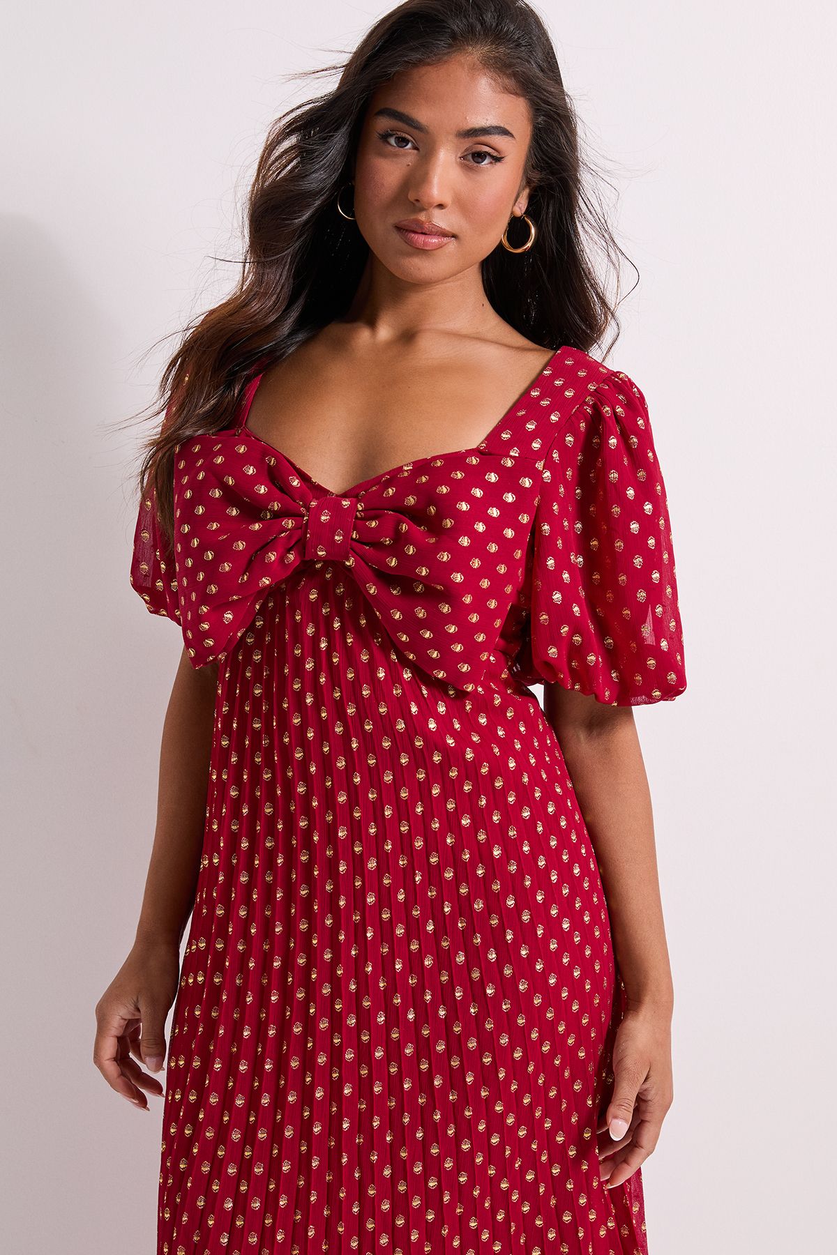 Dorothy Perkins Petite DP Luxe Bow Front Puff Sleeve Metallic Midaxi Dress Red image 2