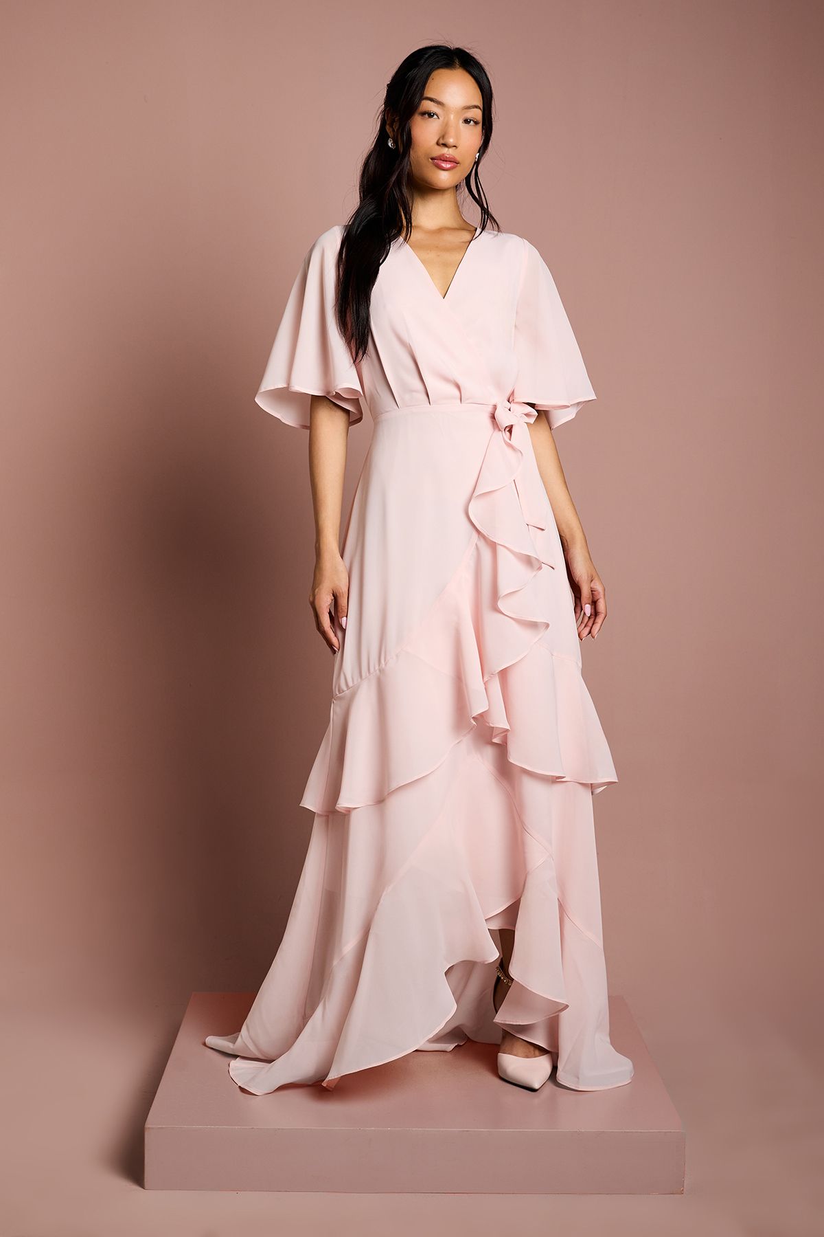Coast Angel Sleeve Tiered Bridesmaid Maxi Dress Blush