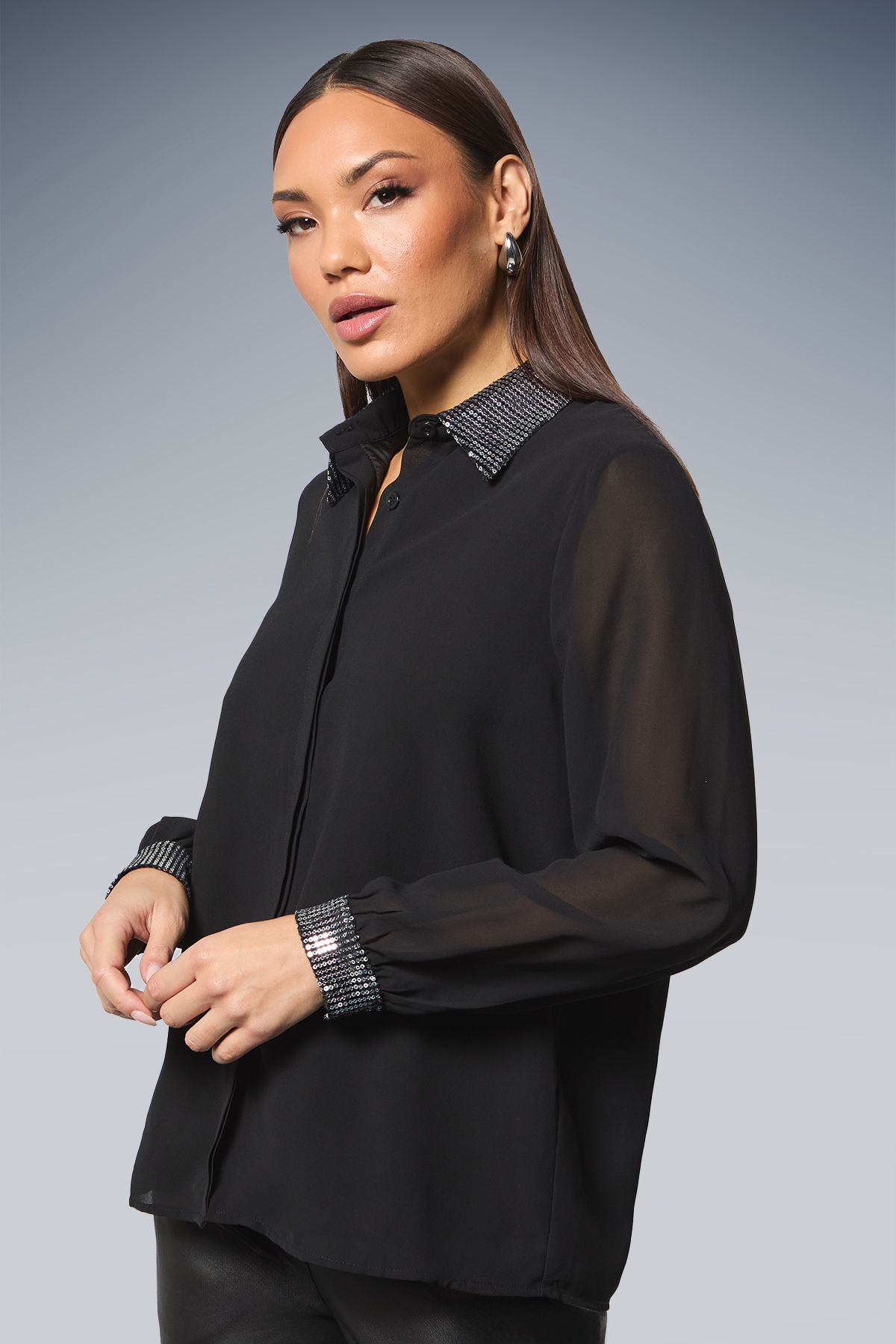 Principles Black Sequin Collared Shirt Silver image 2