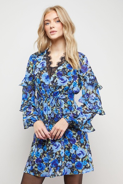 Oasis Printed Lace Detail Frill Sleeve Mini Dress Floral