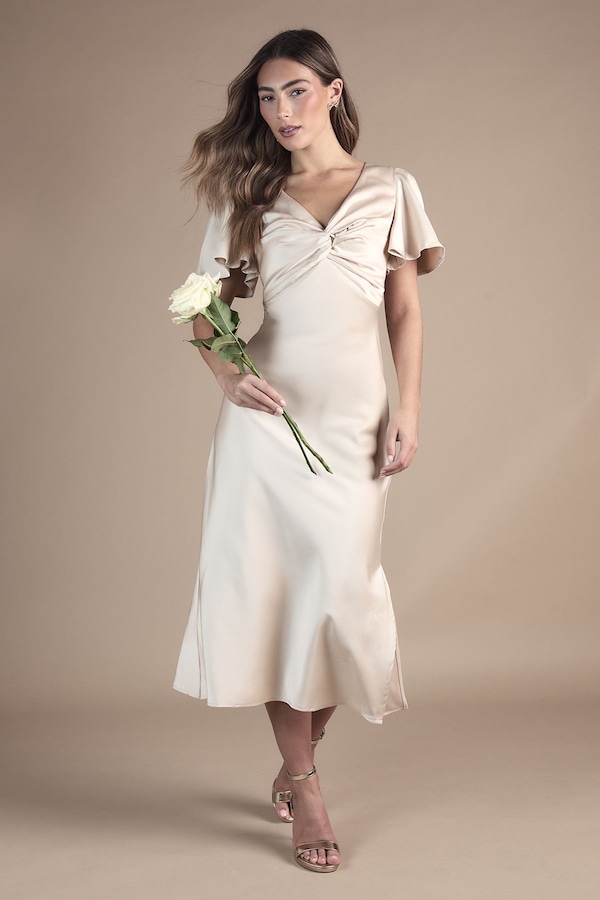 Oasis Petite Satin Twist Angel Sleeve Midi Bridesmaid Dress Champagne