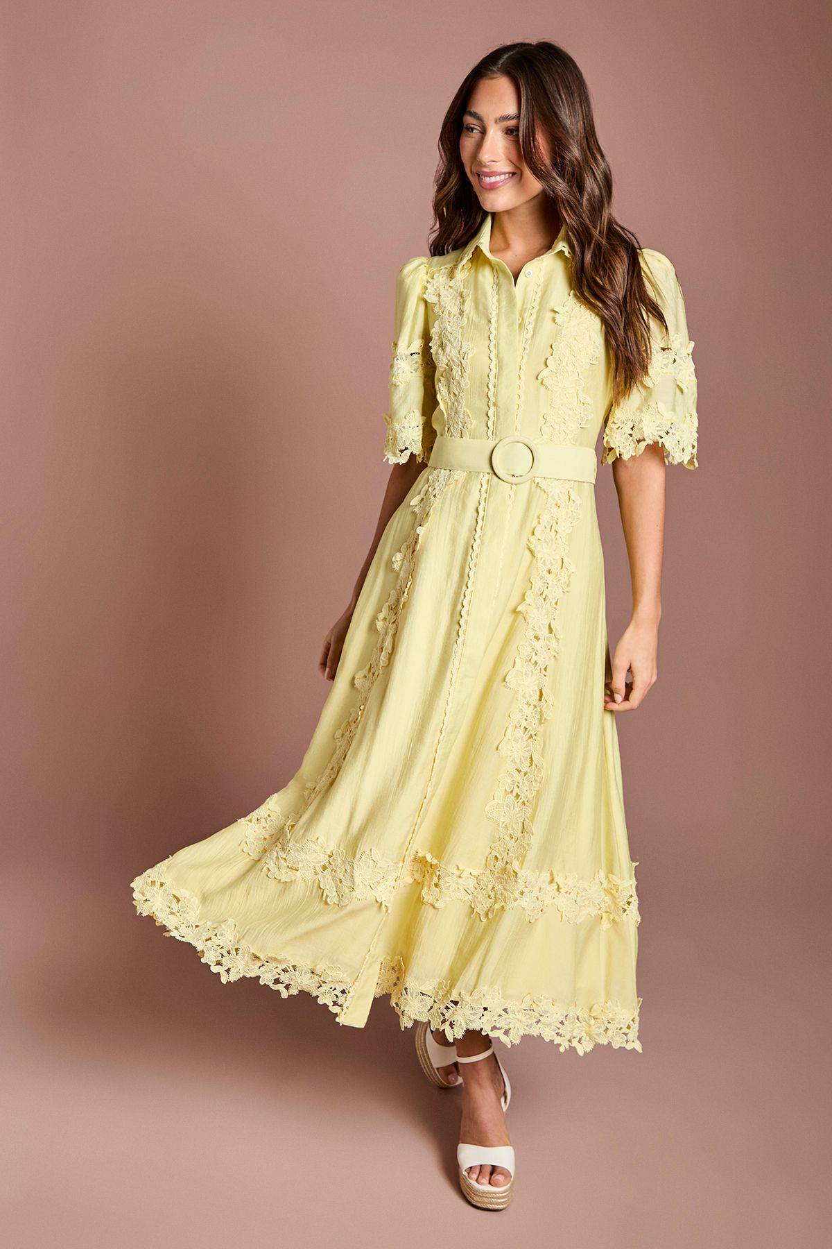Coast Lace Panelled Belted Shirt Dress Lemon