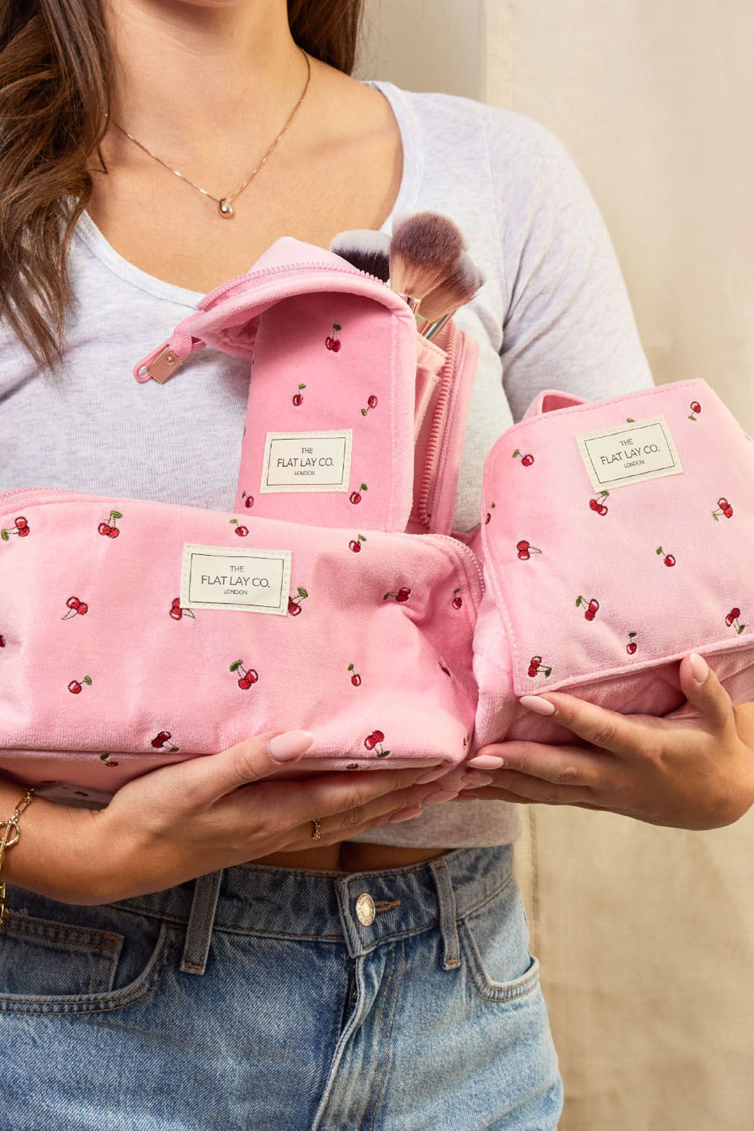 The Flat Lay Co Standing Makeup Brush Case - Ditsy Cherries Pink Embroidered Velvet Multi image 8