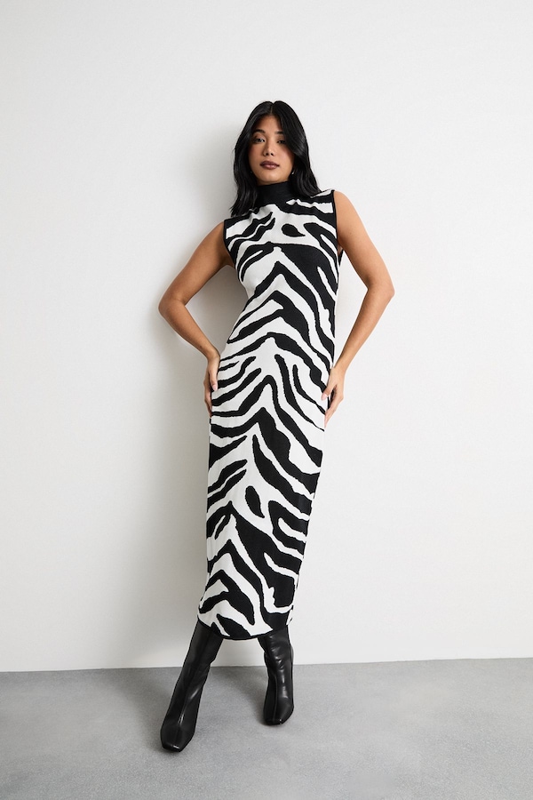 Warehouse Animal Zebra Jaquard Knitted Midi Dress Zebra